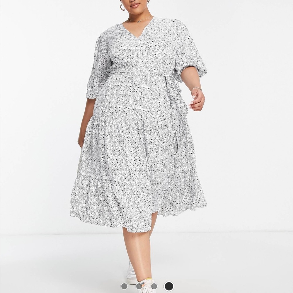 ASOS Curve black and white floral wrap midi dress